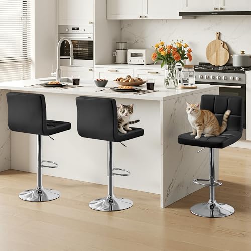 Image of Yaheetech Bar Stools Set of 3, Adjustable PU Leather Swivel Barstools, Modern Counter Stools with Back and Footrest, Counter Height Barstools for Bar, Kitchen, Dining Room, Black