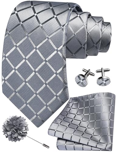 Image of GUSLESON 3.15 inch(8cm) Mens Tie and Lapel Pin Plaid Checkered Necktie Hankerchief Cufflinks Set for Men
