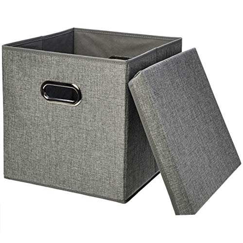Amazon Basics Foldable Burlap Cloth Cube Storage Bin with Lid, Stackable and Sturdy, Gray, Set of 2