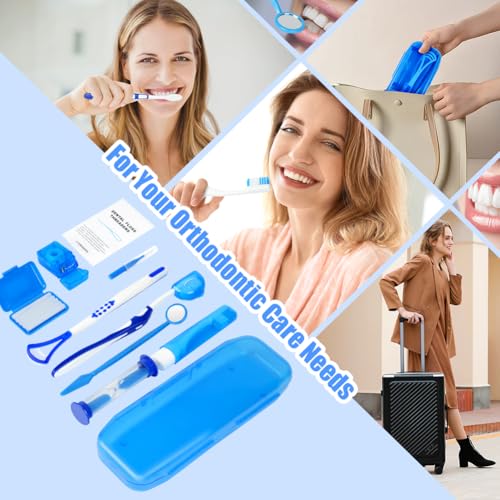 OFFCUP Zahnpflege Set Tragbares 9er Zahnreinigung Set Kieferorthopädische Mundpflege Reiseset Mundspiegel Zungenschaber Zahnsteinentferner V Bürste Interdentalbürste Zahnseide Zahnwachs -Blau