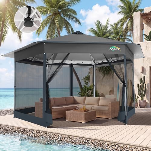 Image of COBIZI 16x16 Pop Up Gazebo Tent with Mosquito Netting, Gazebos on Clearance, Hexagonal Outdoor Canopy Shelter, Patented Center Lock 6-Sided Portable Gazebos, Pop Up Canopy Tent for Backyard, Gray