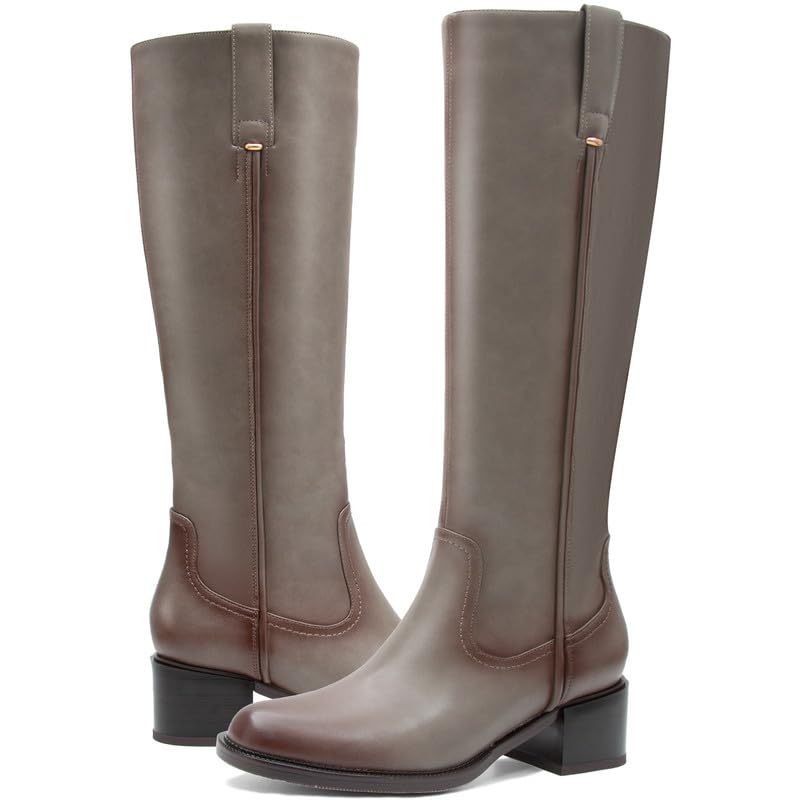 Image of Womens Boots Knee High Fashion Faux Leather Comfortable Chunky Block Heel Round Toe with Side Zip Gray Tall Riding Boots for women, Size 8.5, Gray