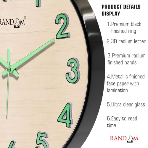 Image of RANDOM Modern 12.75INCH Wall Clock with 3D Radium Numbers, Silent Non-Ticking, Premium Black Frame, Metallic Face, Ultra Clear Glass for Living Room, Home Office