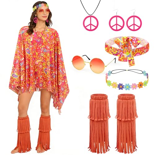 beifon 7 Stück Hippie Kostüm Damen Set, Faschingskostüme Damen Karneval Kostüm mit Hippie Poncho, 60er 70er 80er Jahre Outfit Flower Power...