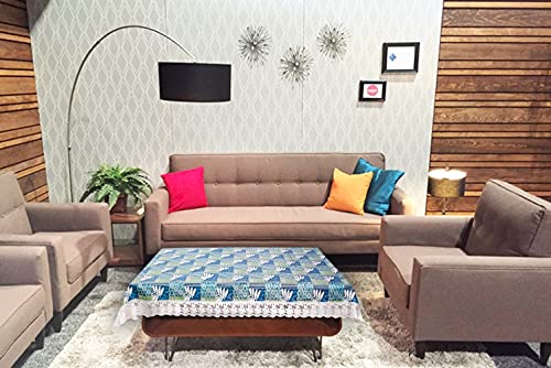 Image of The Furnishing Tree Waterproof PVC Rectangle Shaped Center Table Cover WxL 40x60 inches Surface Pattern Blue with White Border lace