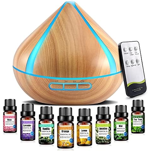 500ML Duftöl-Diffusoren Mit 8 Ätherischen Ölen, Aromatherapie-Diffusoren, Lufterfrischer, Luftbefeuchter Mit Fernbedienung, 4 Timer, Automatische Wasserlose Abschaltung Für Schlafzimmer, Große Räume Cover