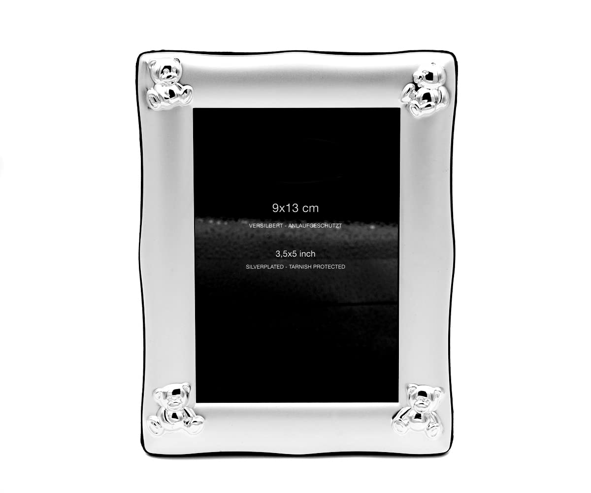 Design Baby Bilderrahmen versilbert Taufgeschenk Fotorahmen Bär Motiv Kinder Bilderrahmen zur Geburt Rahmen versilbert (Gravur bis 25 Zeichen)