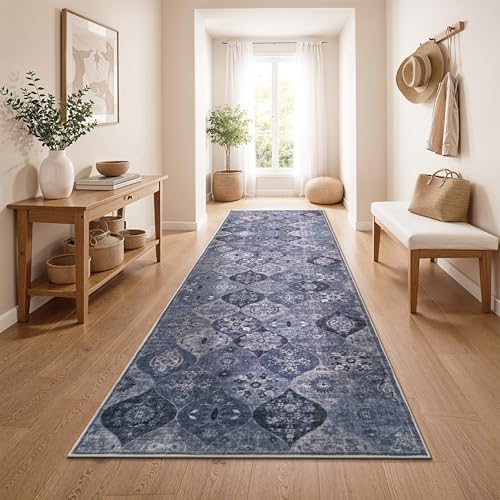 Paco Home Tapis De Passage Vintage Poil Court Style Boho Lavable Antiderapant Entretien Facile Design Retro Moderne, Couleur:Bleu, Dimension:80x150 cm