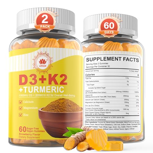 Vitamin D3 K2 Gummies & Turmeric for Women & Men, Vitamin D3 5000IU / 10000IU, K2 (MK-7) 200mcg...