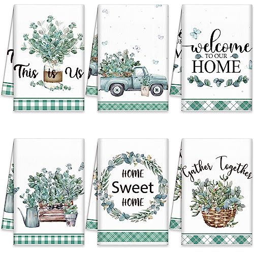 6 Pcs Eucalyptus Leaves Kitchen Towels Farmhouse Home Dish Towels Kitchen Absorbent Green Decorative Tea Hand Cloth with Hanging Loop for Bathroom Home Housewarming Gift