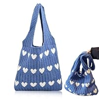 dogmoon Gestrickte UmhäNgetasche, Aesthetic Gehäkelte Tasche Crochet Bag, Damen GestrickteTasche, Leichte Strick-Tote Tasche für Teenager Und MäDchen(Blau)