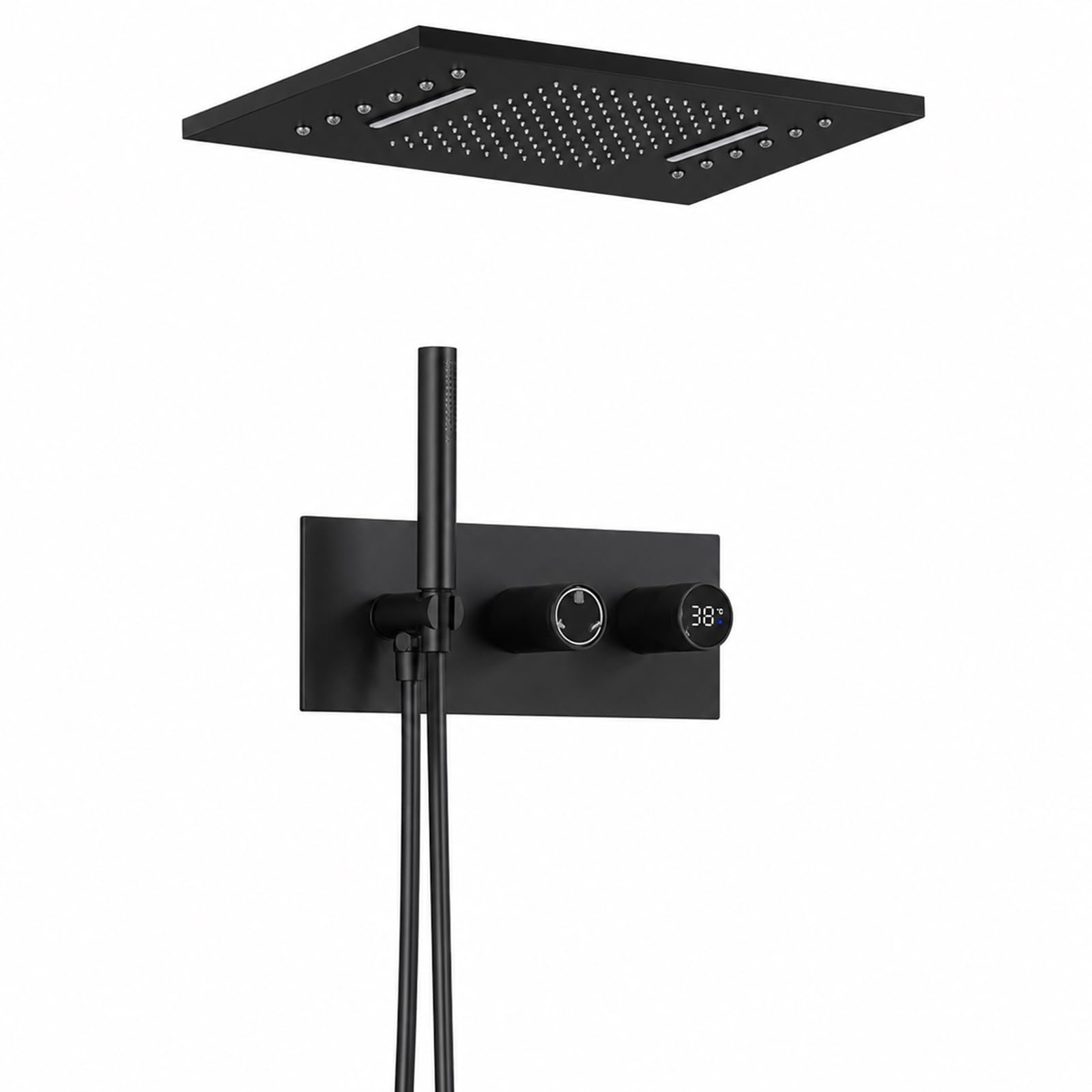 XJTNLB Columna Ducha Empotrada Led Negro, Rociador Ducha Rectangular Led Efecto Lluvia, Instalación Techo
