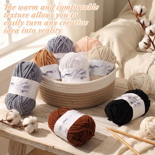 Image of Buryeah 8 Packs #5 Skinny Chenille Yarn for Hand Knitting Crocheting 50g /1.76oz Thin Soft Chunky Plush Beginner Yarn Size 5 for Crochet Small Plush DIY Crafts Blankets, 480 yd Total(Classic Neutrals)