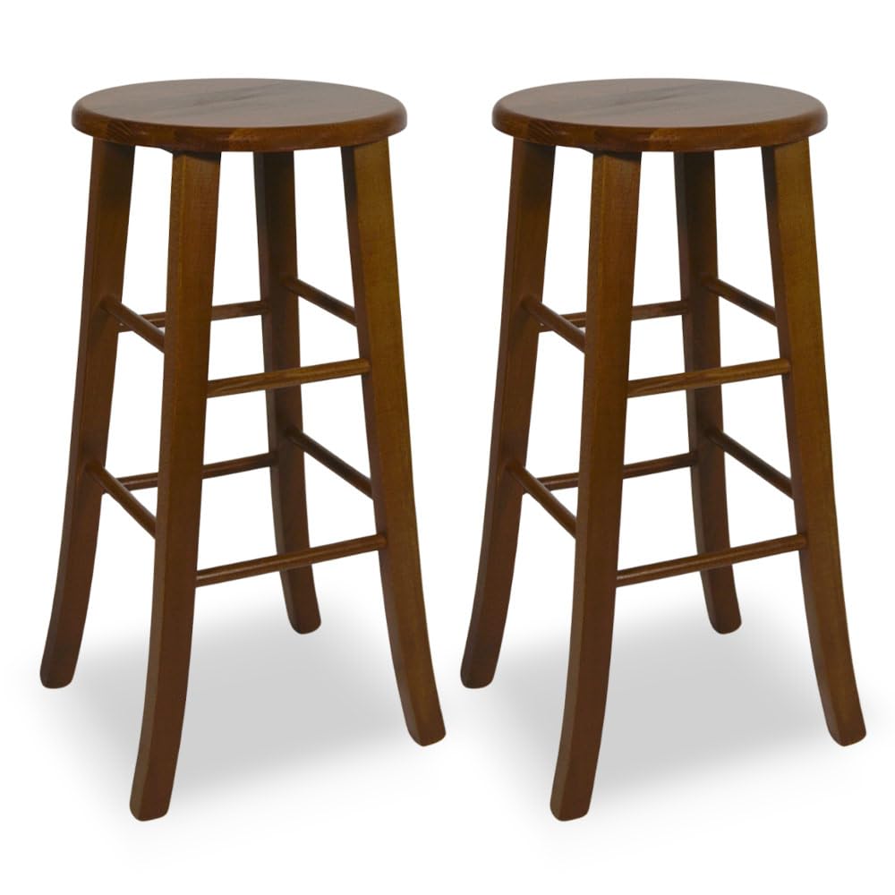 Sgabello Bar Legno Massello Noce Scuro h 67 cm Seduta Tonda, Set 2 Pezzi"