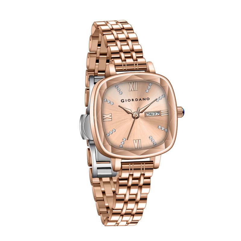 Image of Giordano Elegant Square Rose Gold Watch for Women - Crystal & Roman Hour Markers, Day-Date Display, Stainless Steel Strap