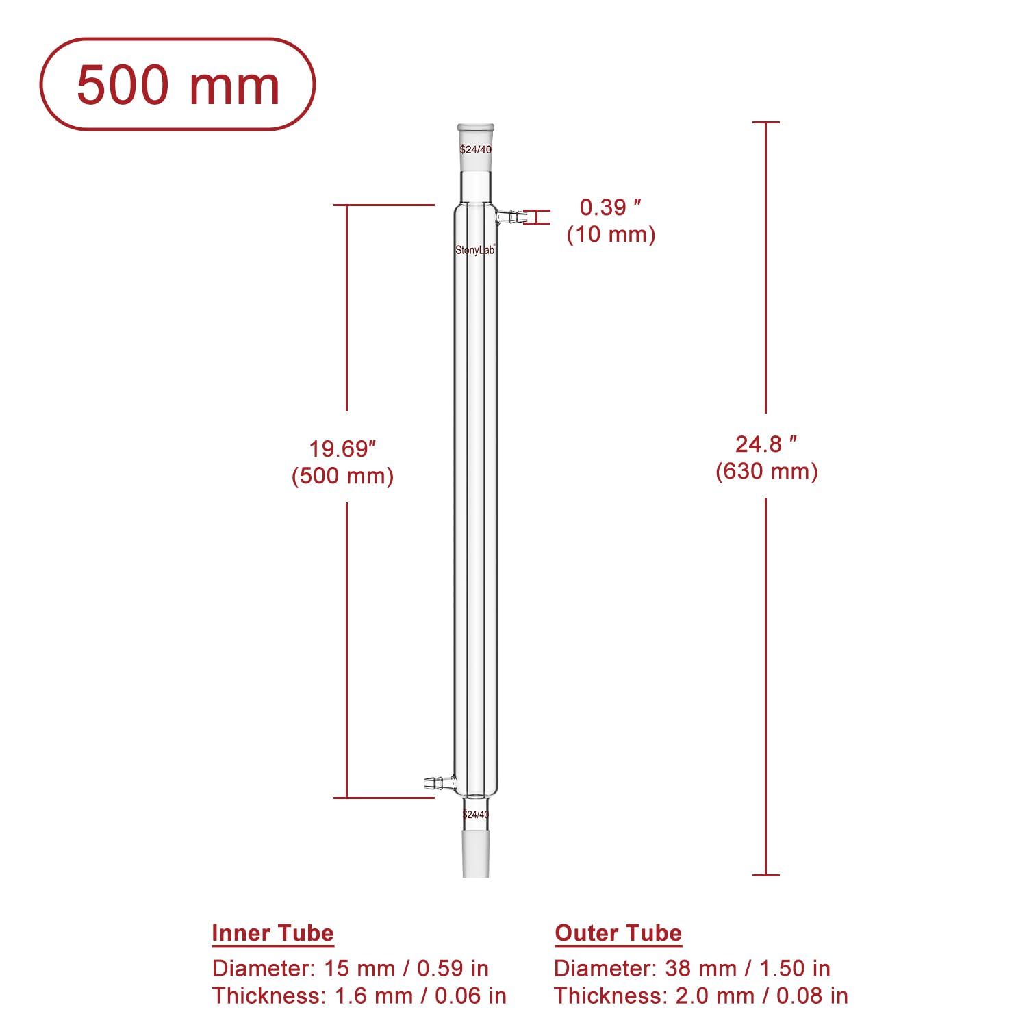 stonylab Liebig Condensador, Vidrio de Borosilicato Liebig Condensador con 24/40 Junta, Longitud de la Chaqueta 500 mm, Cristalería de Destilación de Condensación de Laboratorio