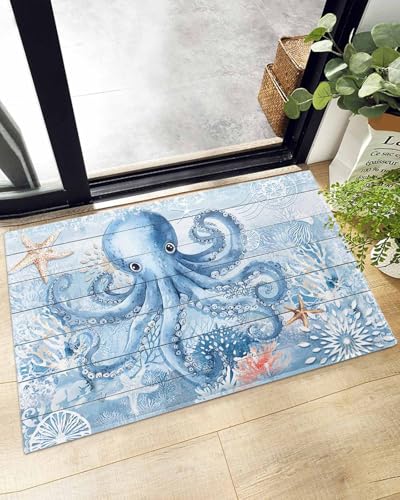 Indoor Doormat Underwater World Octopus Coral,Shaggy Floor Mat with Non-Skid Backing Ocean Starfish on Blue Plank,Machine Washable Plush Area Rug Carpets for Kitchen Nursery Bedroom