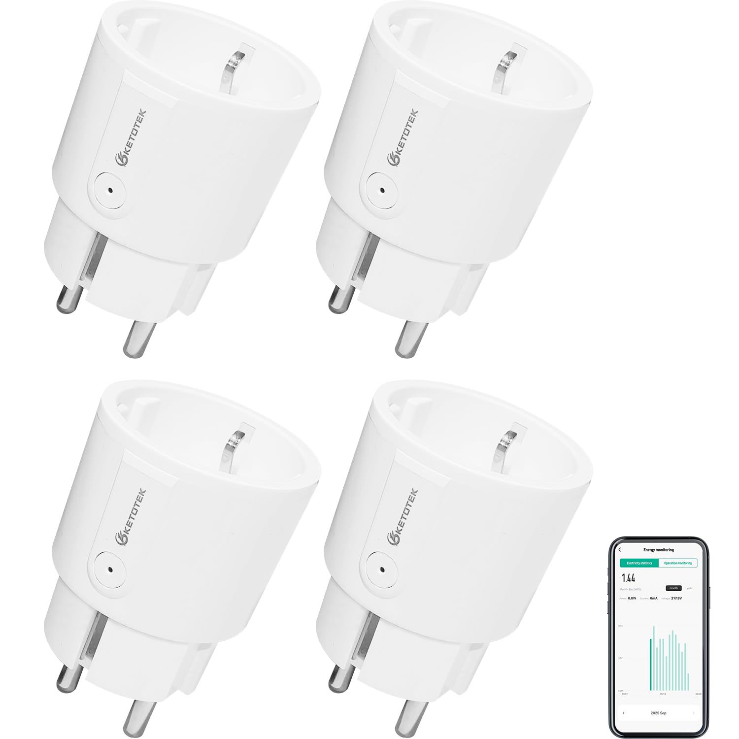 KETOTEK WLAN Steckdose, Alexa Steckdose mit Strommessung, WiFi Steckdosen Kompatibel mit Alexa, Google Assistant, Smart Plug mit App Fernbedienung, Sprachsteuerung (4er-Pack)