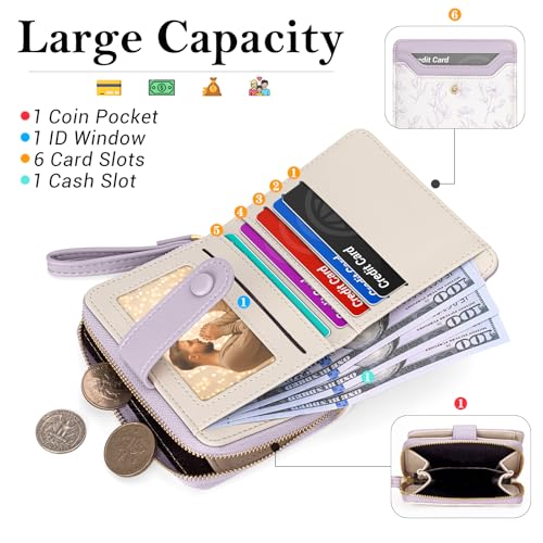 BIAOTIE Wallet for Women Cute Floral Flower Wallet RFID Credit Card Holder Purse Small Bifold Zipper Coin Pocket Purse with ID Windows (Lavender)2