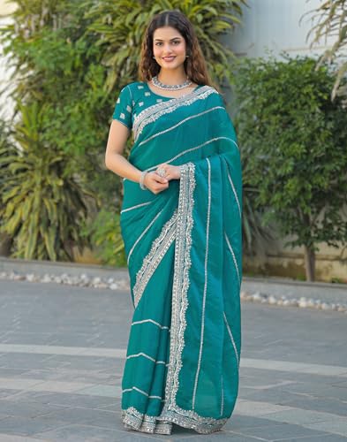 Image of SIRIL Women's Shimmer Chiffon Scalloped Border Sequins Embroidery Saree With Unstitched Blouse Piece
