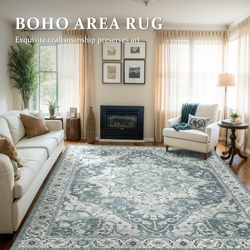 Boho Area Rug 6x9 Washable Large Vintage Rug for Living Room Bedroom Office Kitchen Entrance Dining Room Non Slip Soft Low-Pile Farmhouse, Canal Blue/Multi