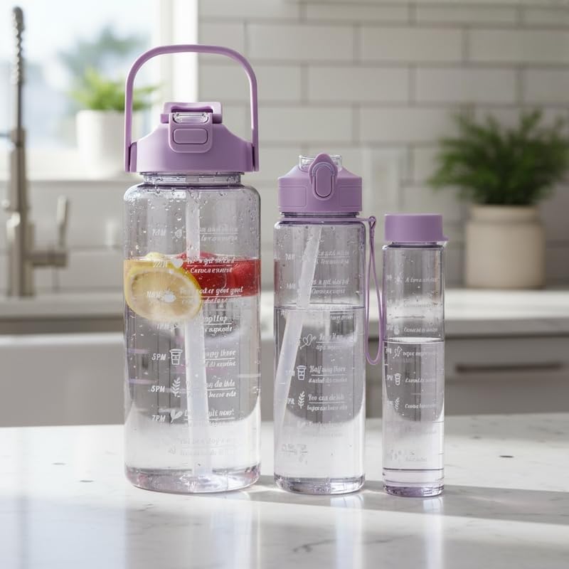 Image of zEdx Combo Pack of 3 Motivational Water Bottles with Time Marker | 2L, 900ml & 300ml BPA Free Sipper | Food-Grade Plastic | Leakproof for Home, Office, Gym & Travel