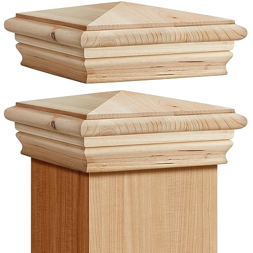 Image of Geetery 2 Pcs 4 x 4 Wood Newel Post Cap Fence Post Cap for Fence Topper Top Resistant Decking Caps for Outdoor Fences, Mailboxes and Decks (Cedar Wood)