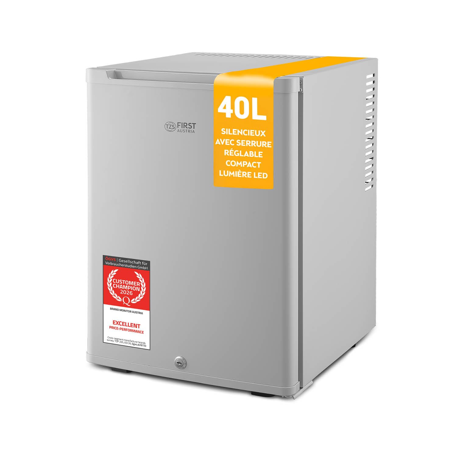 TZS First Austria - Silent 40L mini fridge - Small mini fridge with reversible door and interior light - Minibar for camping, office, bedroom & hotel - Grey