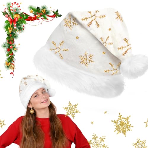 FUKPO Weihnachtsmütze Weiß mit Pailletten Schneeflocke,...