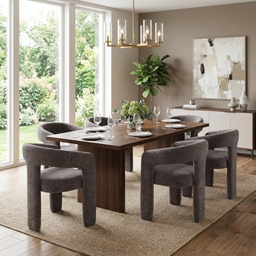Image of HNY Modern Charcoal Grey Chenille Dining Chairs Set of 6, Upholstered Kitchen Chairs with 4 inch Thick Cushion & Wide Seat, Solid Wood Frame No Assembly Accent Chairs for Dining Room, Kitchen, Restaurant
