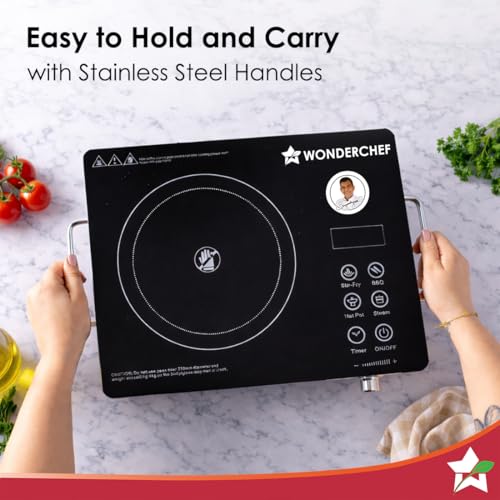 Image of Wonderchef Evita Infrared Electric Cooktop with Crystal Glass Surface, 2200W, Led Display, Compatible with Steel,Ceramic,Cast-iron,Aluminium Cookware, Auto Cut-off, 2-Yr Warranty