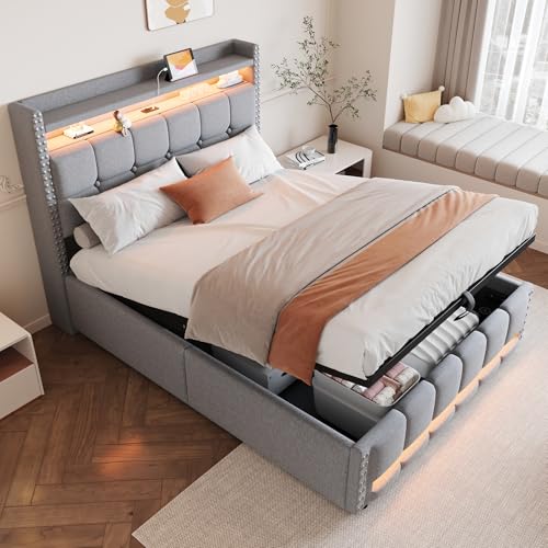 SUKY Cama tapizada (gris claro, 140 x 200 cm) con iluminación LED y enchufe USB, cabecero con estantes y espacio de almacenamiento, cama doble para adultos, con sistema hidráulico para almacenamiento