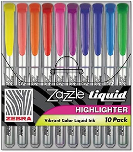 Zazzle Liquid Ink Highlighter, Chisel Tip, Asst Colors, 10/Set