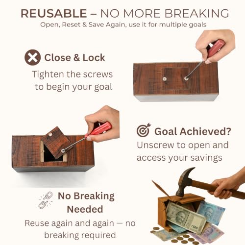 Image of Unbreakable Wooden Money Saving Box for Adults - 1 Lakh Capacity | Reusable Piggy Bank | Money Bank with Amount 100000 | One Lakh Gullak, Kidddy Bank for Kids, Men, Women, Girls, Boys | 1 Yr Warranty