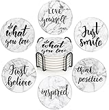 Picture of Britimes Coaster for Drinks Set of 6, Marble What You Love Inspirational Absorbent Round Ceramic Stone Mat, with Cork Base and Metal Holder, Gift for Housewarming Room Bar Decor