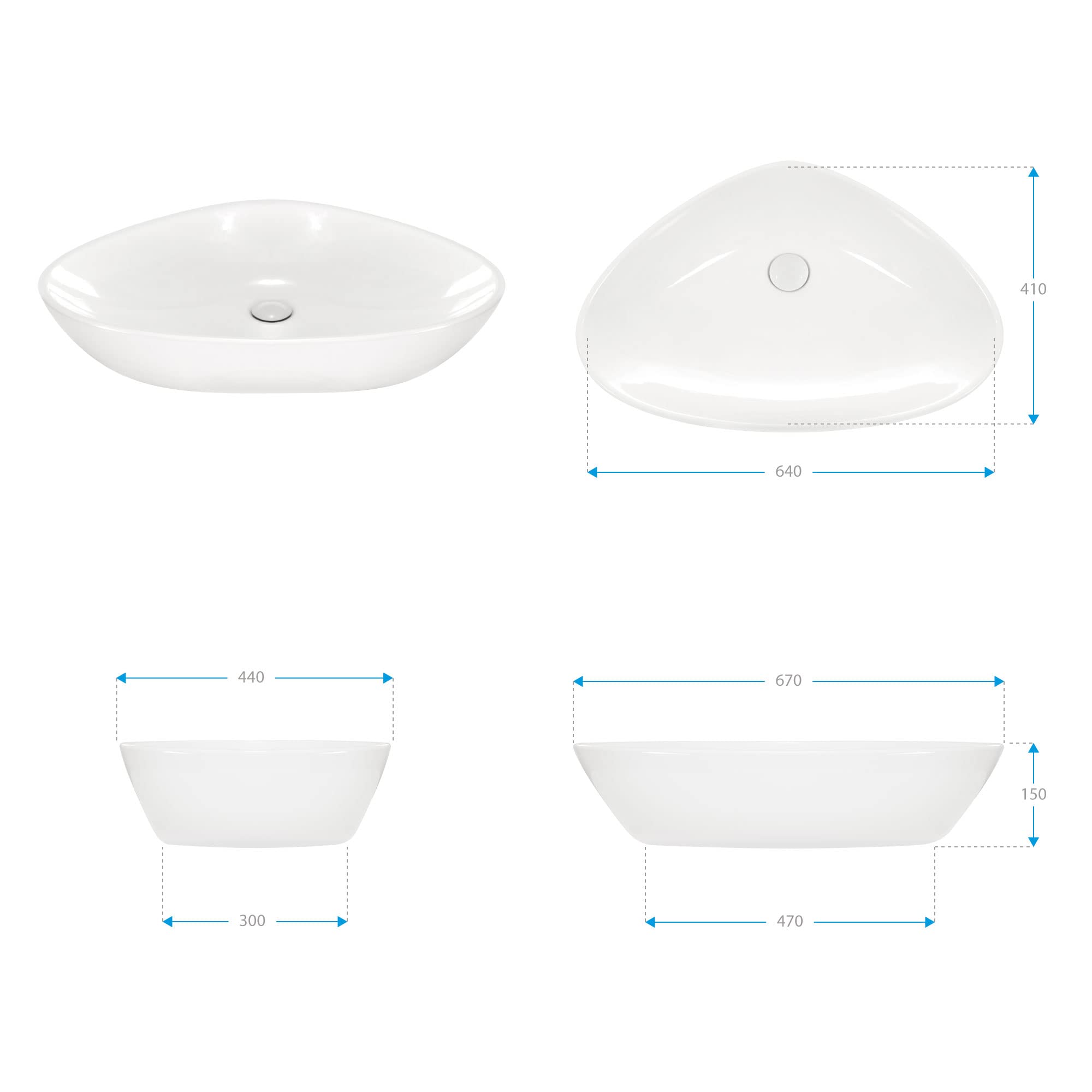 Lavabo sobre Encimera Triangular con Esquinas Redondeadas en Ceramica Brillante UNITI | 64x44x15 cm | Incluye Tapon "Pop Up" con Valvula de Desague Click Clack | Sin Taladro Grifo | Color Blanco