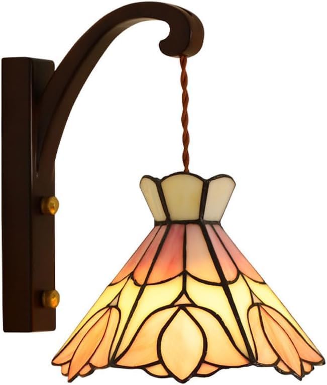 Vintage Tulip Wall Sconce Stained Glass Wood Wall Lamp Hardwired E26E27 Base Lighting for Living Room Bedroom Floral Glass Light