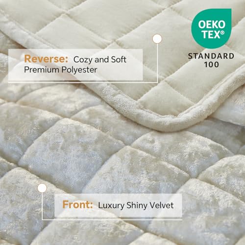 BEDELITE Velvet Quilt Set King Size - Luxury Velvet Comforter Bedding Set 3 Pieces, Soft Cozy Cream White Oversized Bedspread Coverlet for All Seasons with 2 Pillow Shams