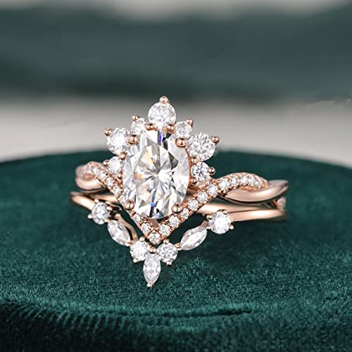 1.5ct Oval Cut Moissanite Engagement Ring Set for Women Vintage Moissanite Bridal Set Infinity S925 10k/14k/18k White Rose Gold Twisted Cluster Halo Wedding Ring Set Ring Wedding Anniversary for Her3