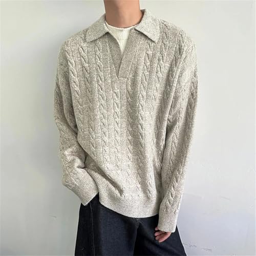 Mens Cable Plain Knit Sweater Fashion Long-Sleeve Top Lapel Casual Pullovers2