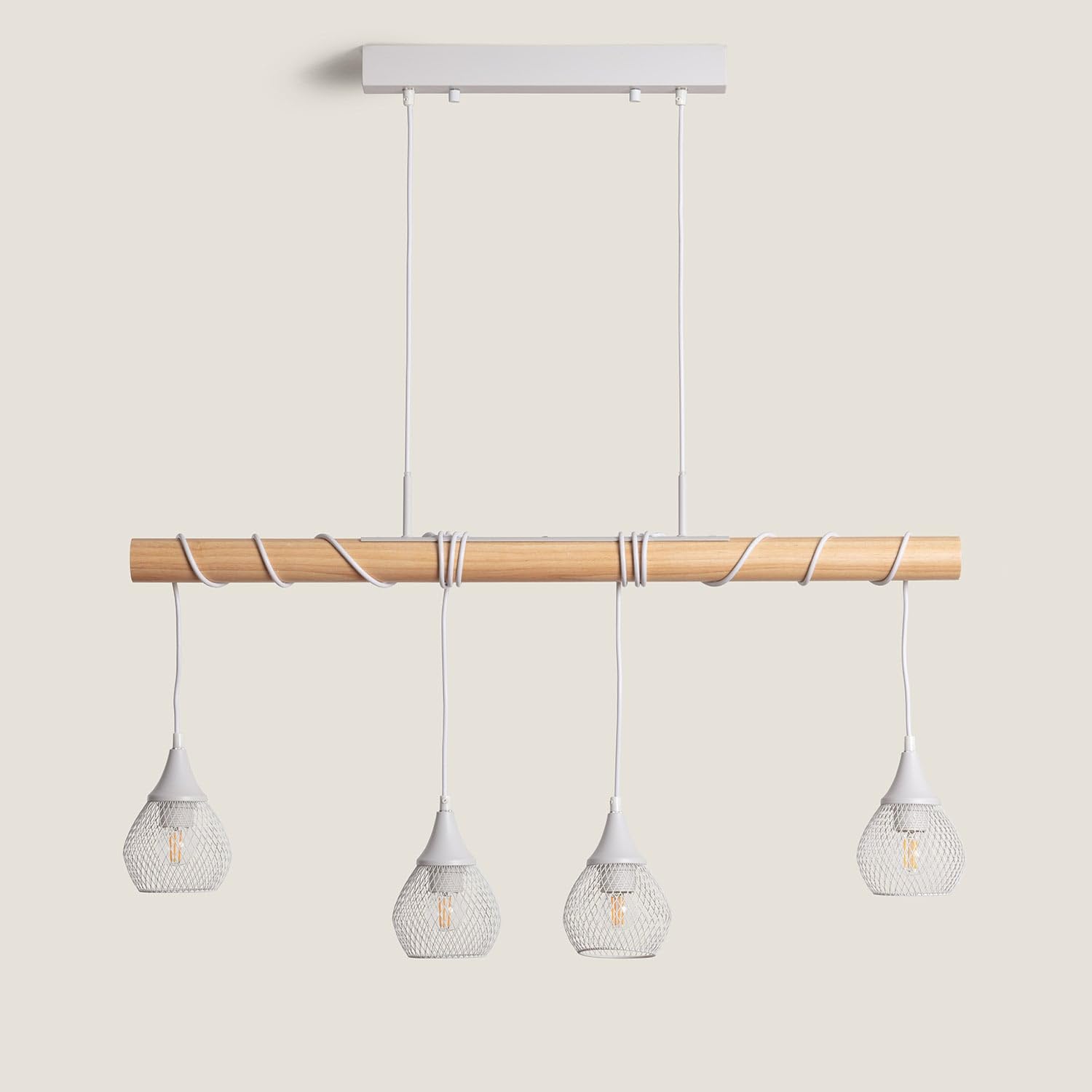 LEDKIA Lampada a Sospensione Legno e Metallo Monah Bianco | Design Nordico | Altezza Regolabile | Per Cucina, Soggiorno, Camera | Compatibile con E27 40W | Tris Lampadari