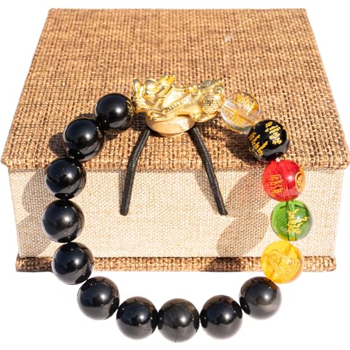 24K Gold Plated PiXiu Dragon Bracelet Feng Shui Bracelet, Obsidia...
