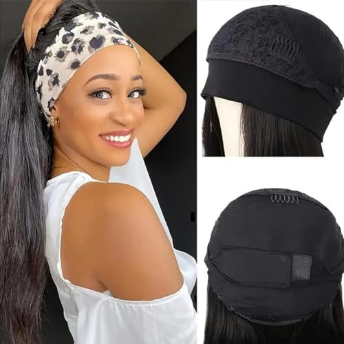 Image of Headband Wig Human Hair Straight Headband Wigs for Black Women Glueless None Lace Front Human Hair Half Wig Brazilian Virgin Hair Machine Made Wigs Natural Color 150% Density 12 Inch