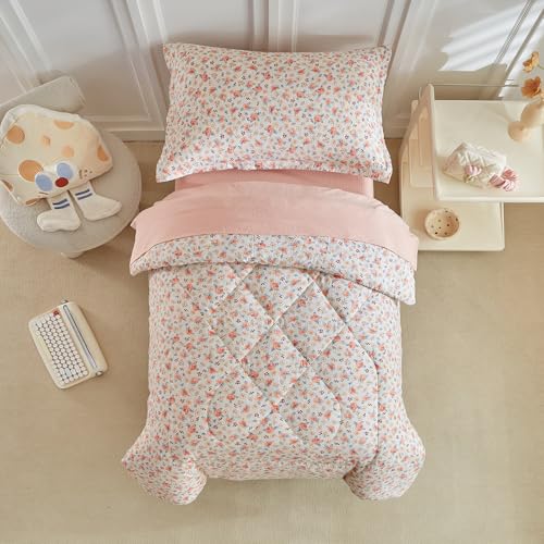 Image of DuShow Toddler Bedding Set for Girls,4 Pieces Floral Toddler Girl Comforter Set,Super Soft Reversible Toddler Sheet Set,Lightweight Crib Bed Set -Pink