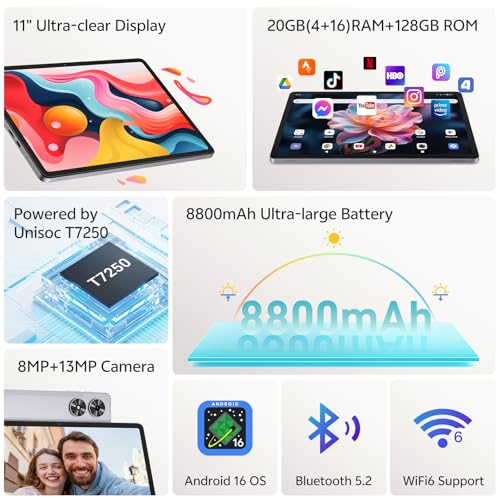 Image of Tablet 11 inch, Android 16 Tablet with Keyboard, Mouse & Stylus, Gray | Octa-Core Gemini AI, 20GB RAM + 128GB ROM, 90Hz IPS Touchscreen, 13MP Camera, 8800mAh Battery, Wi-Fi 6, Widevine L1