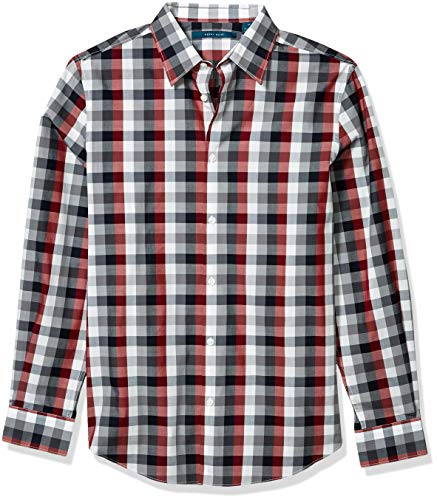 Perry Ellis Men's Multi Color Check Print Long Sleeve Button Down Shirt, Red Dahlia, Small #TOP25