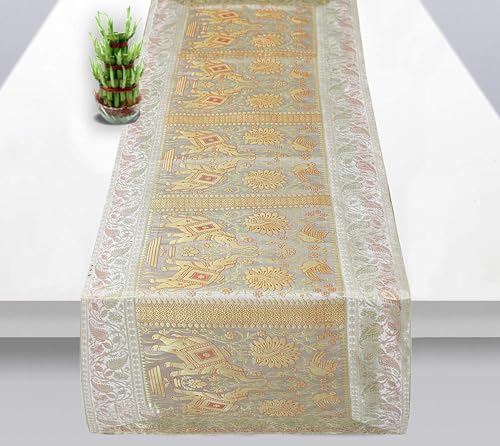 Image of Indian Traditional Decorative Silk Table Runner Kitchen Dining Good Luck Table Cloth for Wedding Bridal Birthday Party Decorations - 60x16 Inches (Golden)