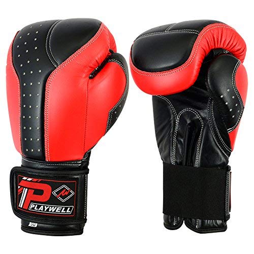 Gants de Boxe Playwell Elite Télé Noir Rouge 14oz en Cuir pour Entraînement au Sac et Combat