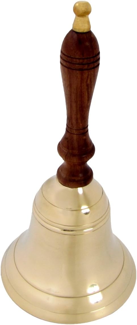 Treasure Gurus Antique Vintage Style Brass Wood Teachers Hand Desk School Bell Primitive Decor