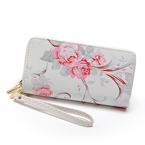 Preisvergleich Produktbild WESEEDOO Geldbörse Damen Lange Damen Geldbörse Leder Brieftasche Kreditkarteninhaber Blumenmuster Geldbörse Mit Reißverschluss Große Kapazität Handtasche Handytasche 1 stück Rose red